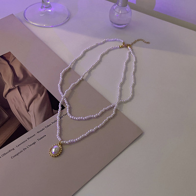 2021年新款法式复古珍珠项链女个性圆盘吊坠时尚气质双层锁骨链|ms