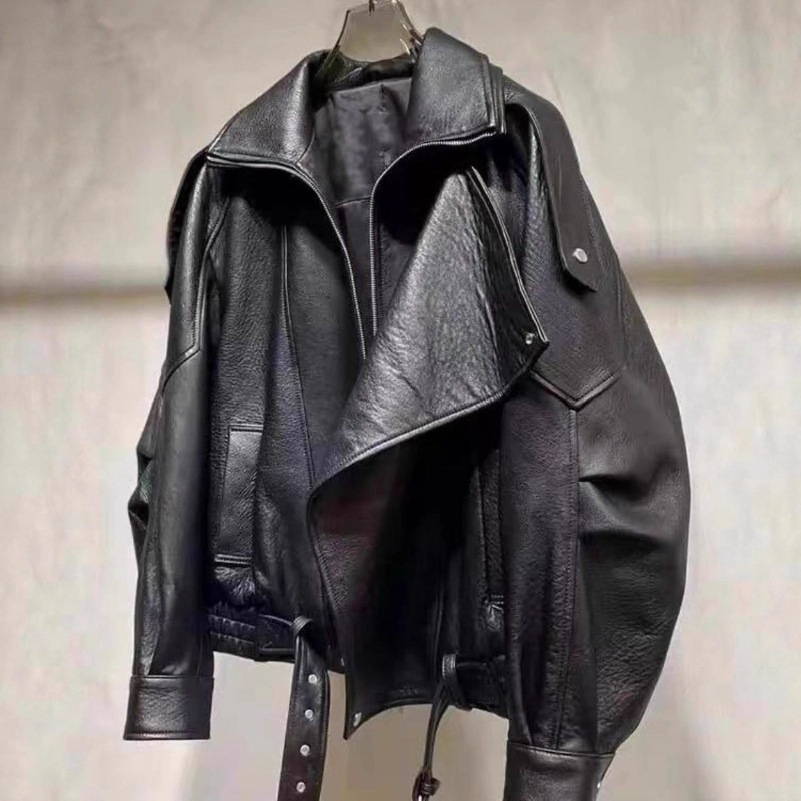 Haining New Leather Motorcycle Jacket Loose Fit Leather Jacket 2026 Autumn New Style Oversized Double-Layer Collar Short Coat for Women