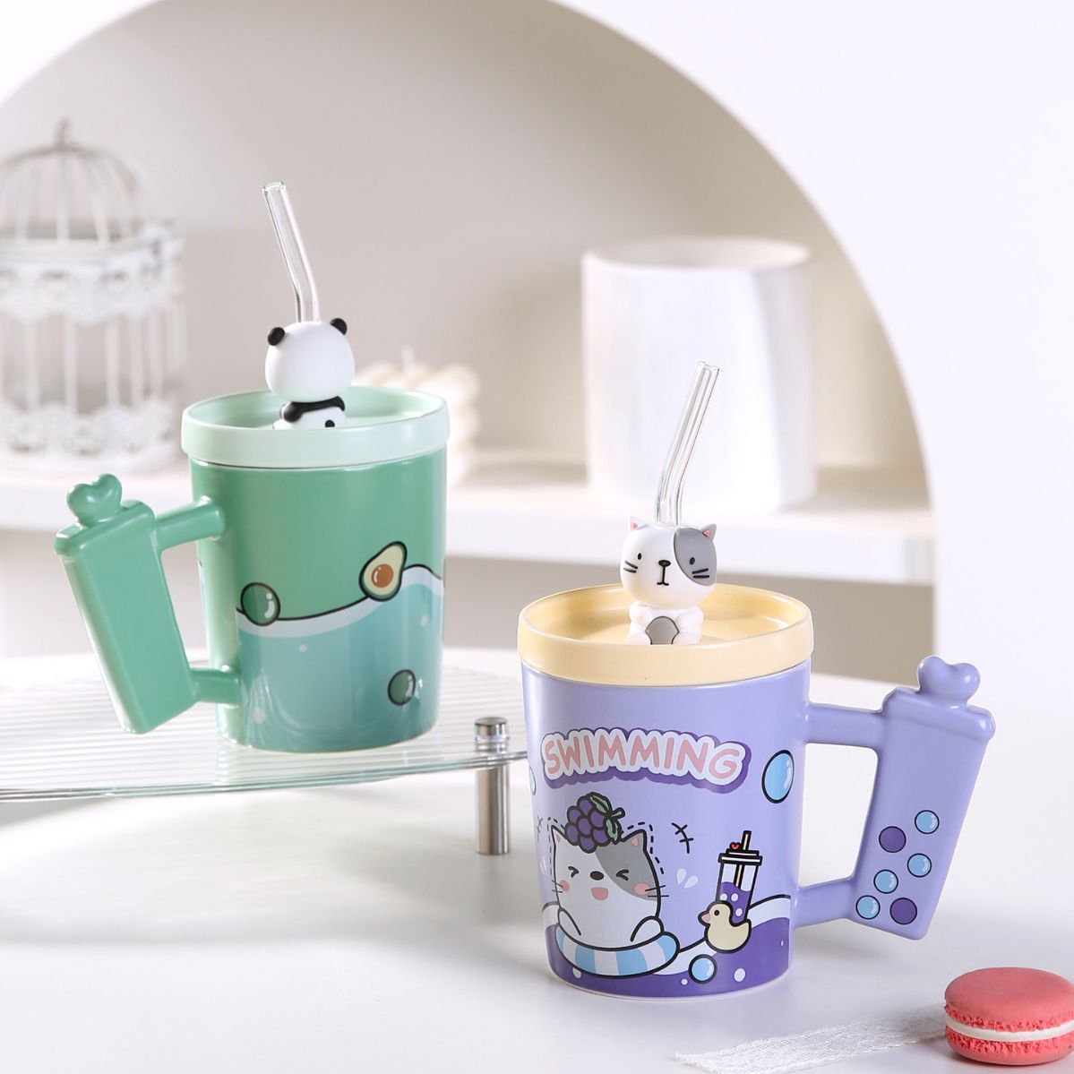 Creativo del color caramelo animal helado leche taza de té lindo cerámica paja dibujos animados lindo regalo
