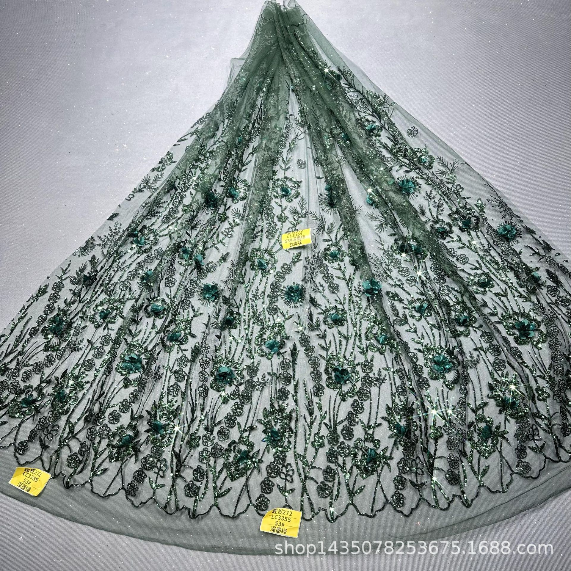 272 花型 LC3355 深墨绿53号+立体花 婚纱礼服面料网纱洒金