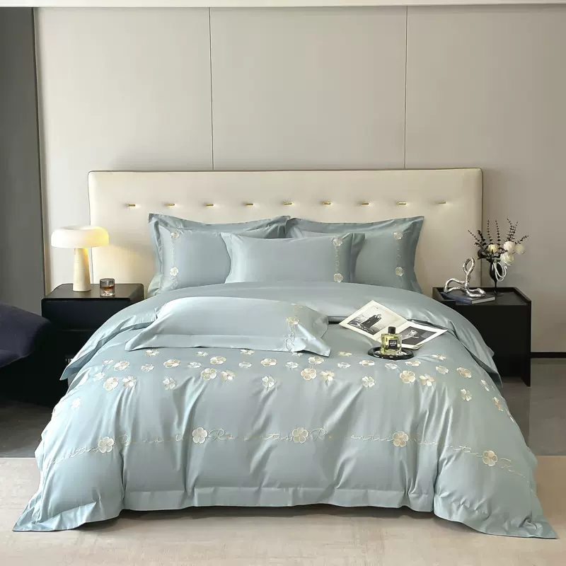 现代轻奢风60支长绒棉纯棉四件套高级感全棉刺绣被套床单床上用品