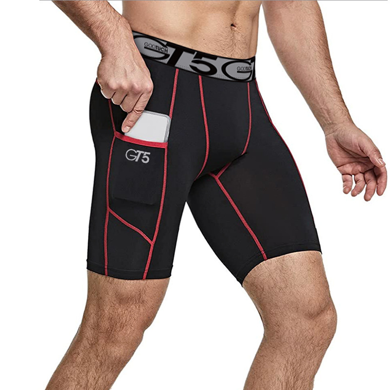 Men's high elastic thick nylon high elastic sports cycling shorts long bottoming underwear functional side bag design
