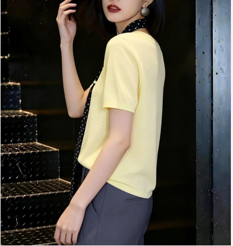 Áo hai dây phối áo len ngắn tay cổ tròn họa tiết chấm bi vintage, chất liệu Tencel mềm mại — màu hồng, màu trắng ngà, màu vàng chi tiết 9