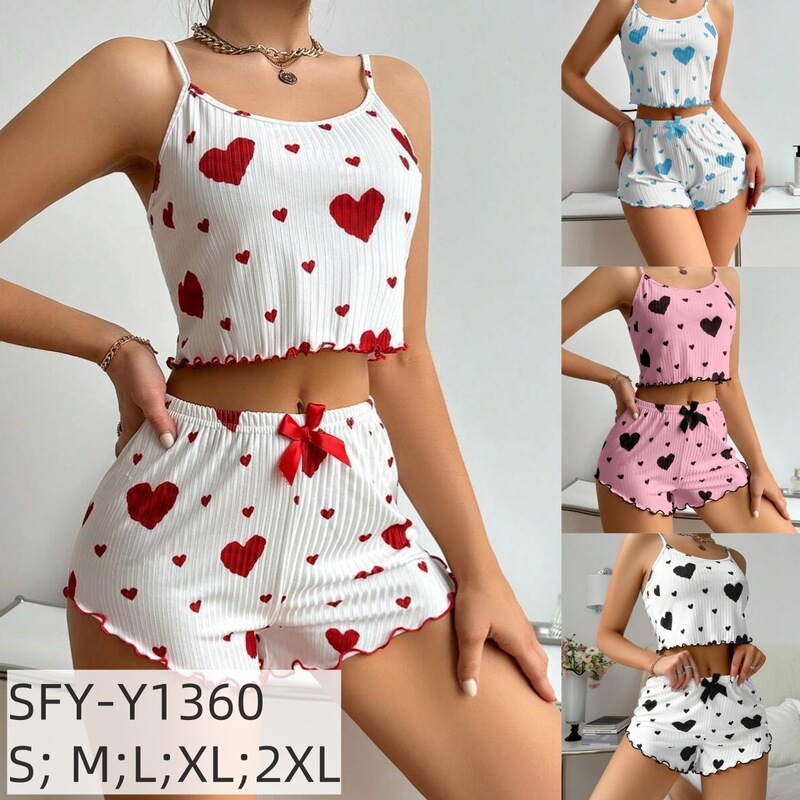 Cross-Border Camisole Shorts with Heart Print for Women, Loose Pajamas, Simple Homewear Set, In-Stock Sexy Lingerie