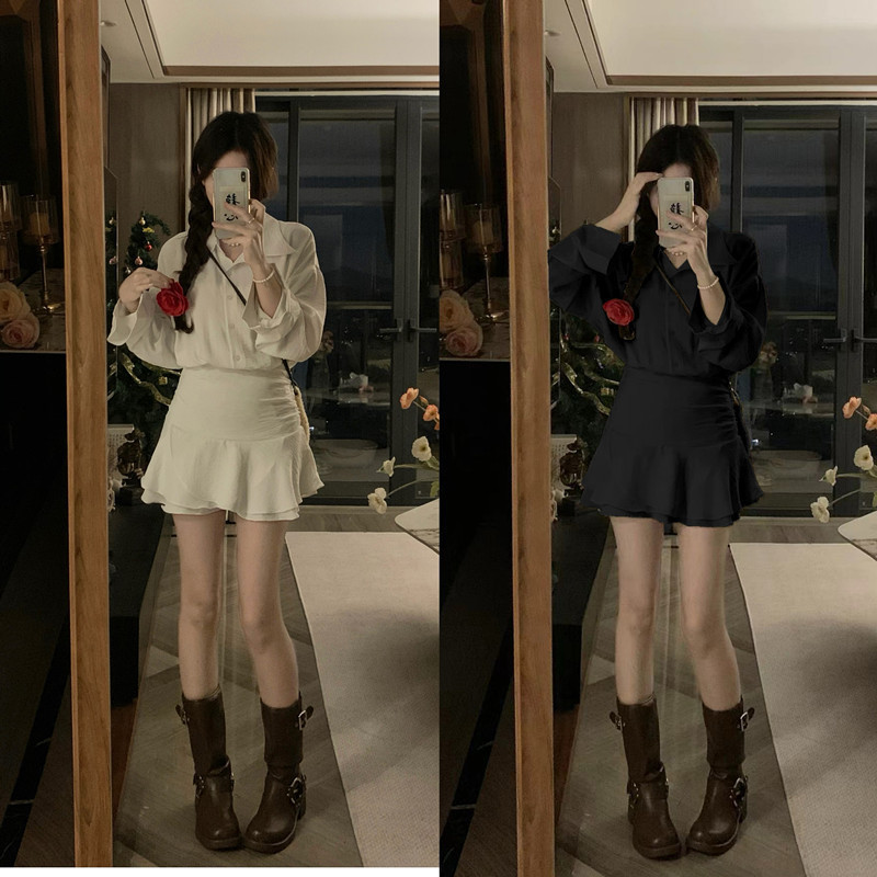 Beautiful Autumn Outfit Chiffon White Waist Dress Women's 2025 Early Autumn New Petite Suit Short Skirt