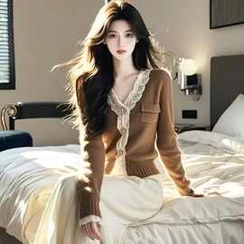 公羽翁2025美拉德棕色蕾丝边V领毛衣针织开衫秋冬季女装独特别致
