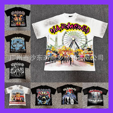 美式HARMONY烫钻字母飞碟图案印花街头复古宽松嘻哈圆领短袖T恤潮
