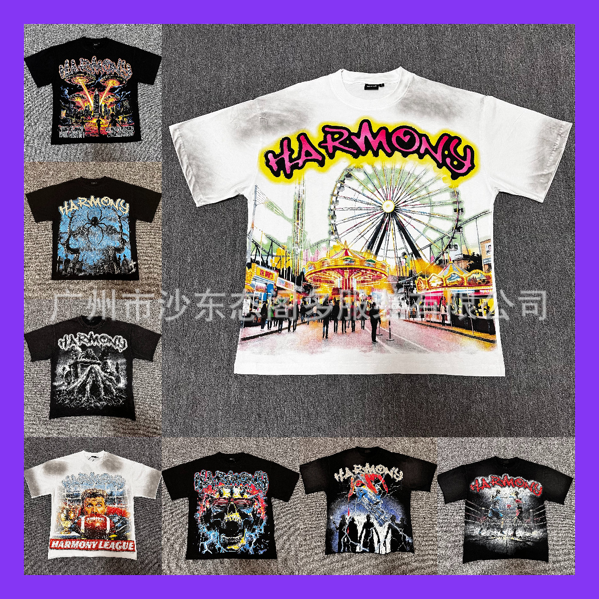 美式HARMONY烫钻字母飞碟图案印花街头复古宽松嘻哈圆领短袖T恤潮