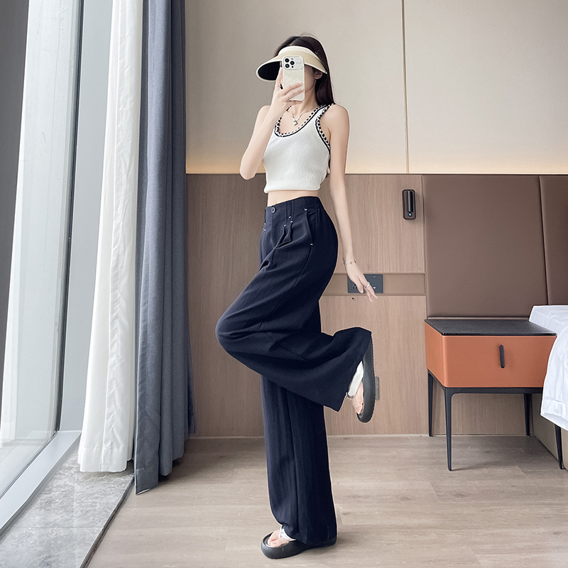 Quần ống rộng vải lụa băng đa năng nữ, phong cách sang trọng mỏng nhẹ mùa hè, quần ống đứng vải lanh Tencel — Màu xanh hải quân (kiểu thông thường)