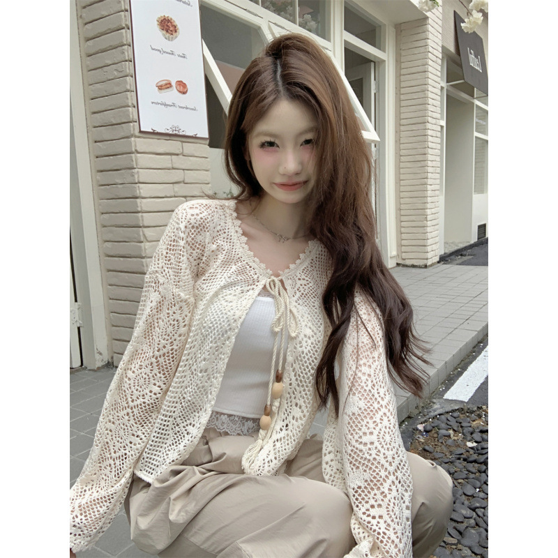 2024 Spring and Summer New Sunscreen Lace Cardigan Vacation Braided Hollow Short Jacket Small Shirt with Tie