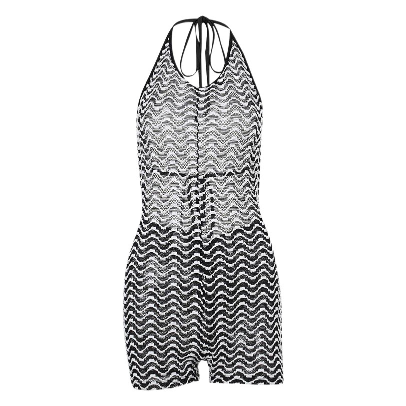 Correa europea y americana Halter contraste color rayas sexy micro transparente slim fit chica caliente sin espalda con cordones de una sola pieza pantalones cortos