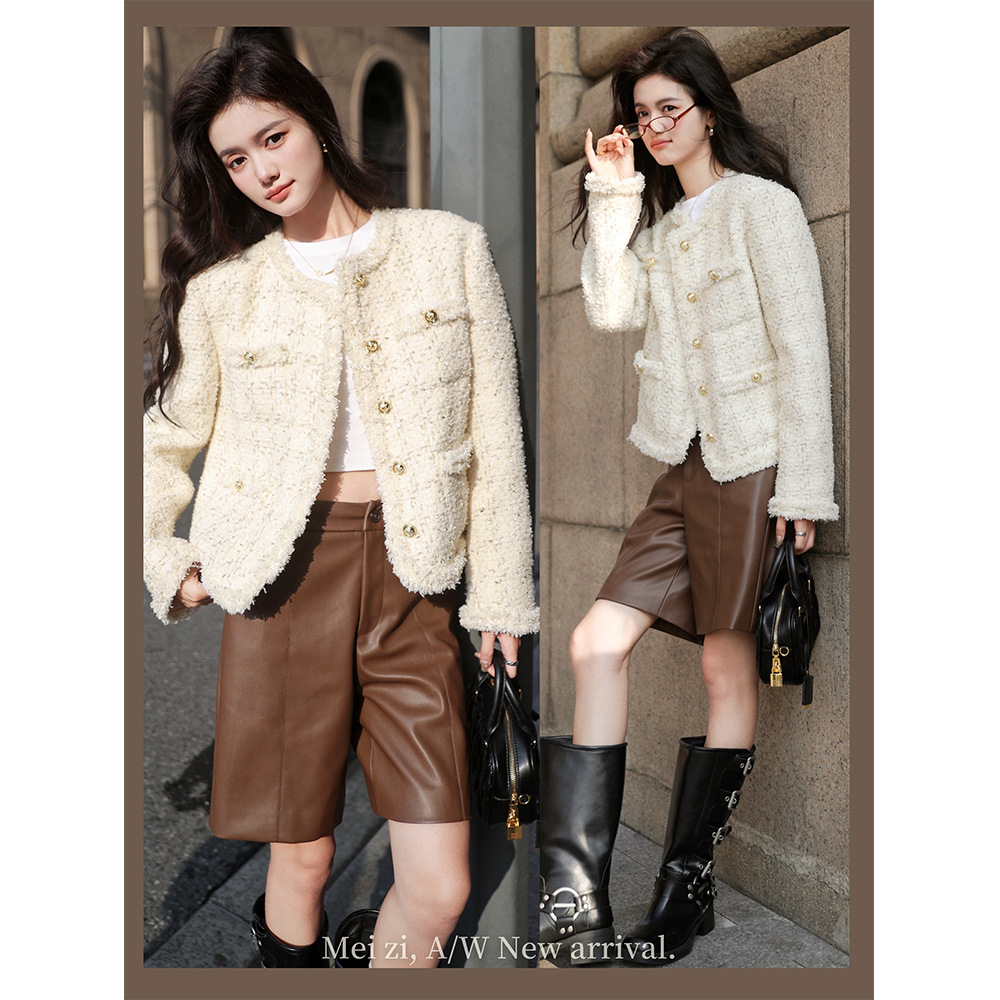 Plum Is Ripe [Linlangxiangxiang] Wool Tweed Short Jacket Beige Small Fragrant Style Short Top Spring New