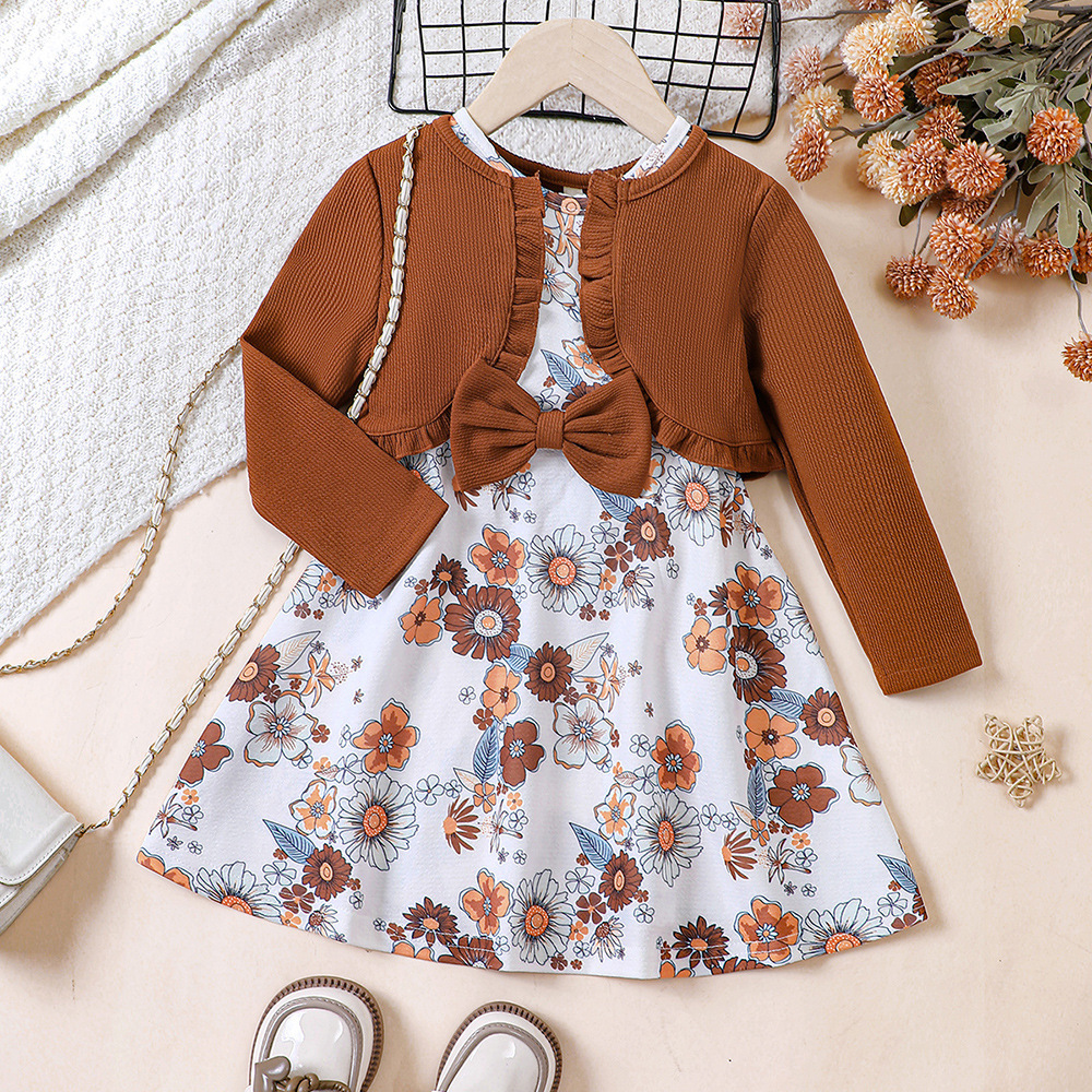 Vêtements pour enfants EW Nouveau produit pour filles Printemps et automne Robe imprimée Ensemble cardigan tricoté TZ828-C_voghion.com