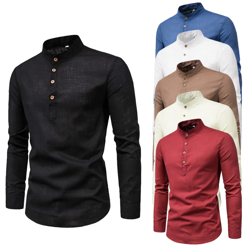 Men's Shirt Fashion Solid Color Long Sleeve Stand Collar Cotton Linen Half Open Shirt