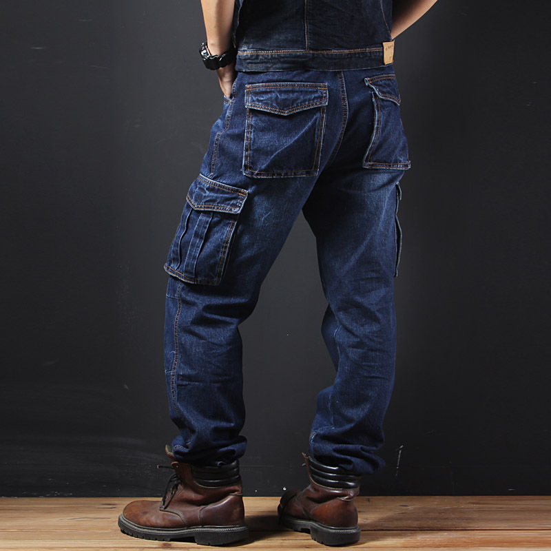 Men's autumn and winter multi-pocket straight overalls loose plus size plus size fat pants jeans