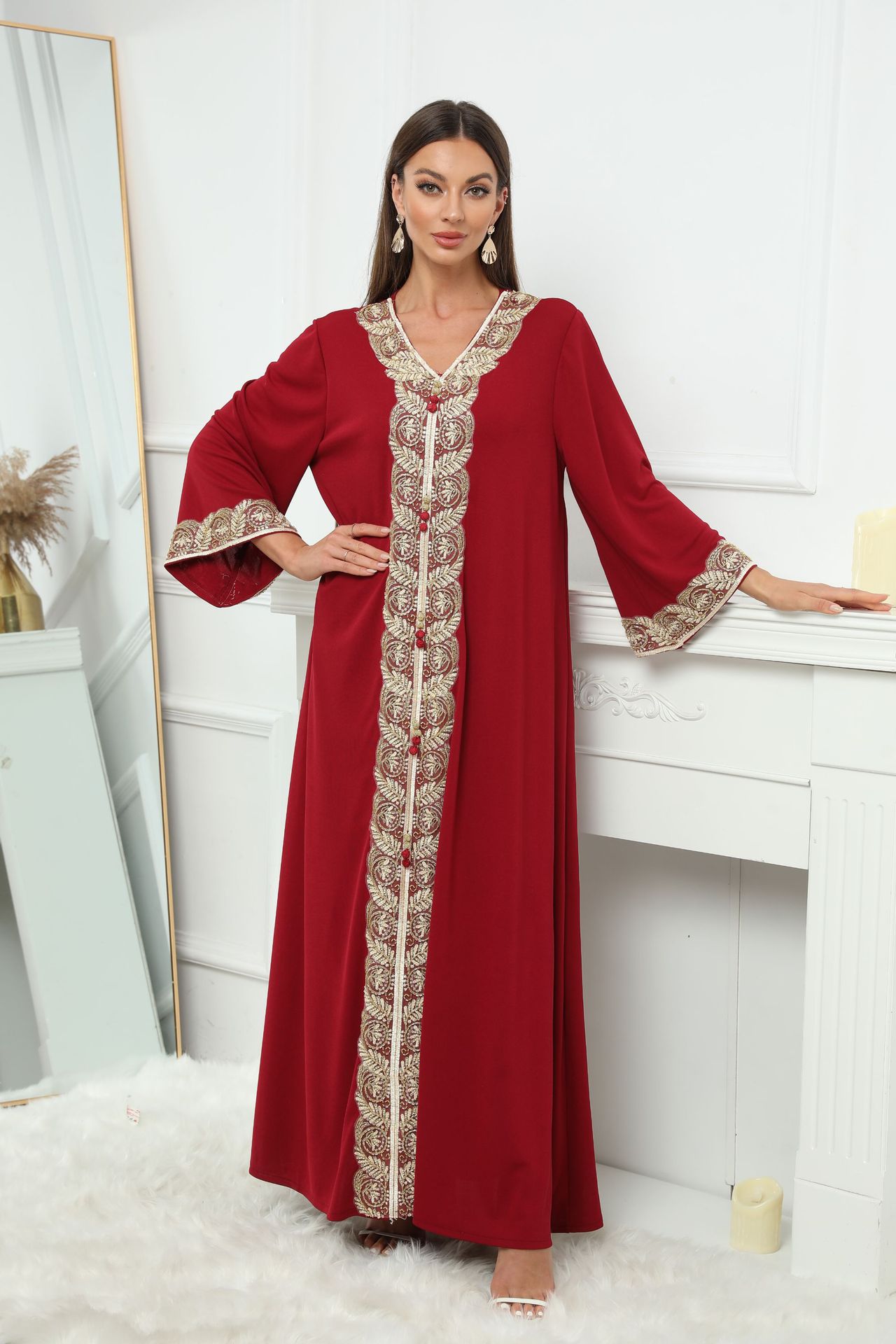 ZD001 abaya外贸电商中东跨境穆斯林女装长袍迪拜大袍织带连衣裙详情3