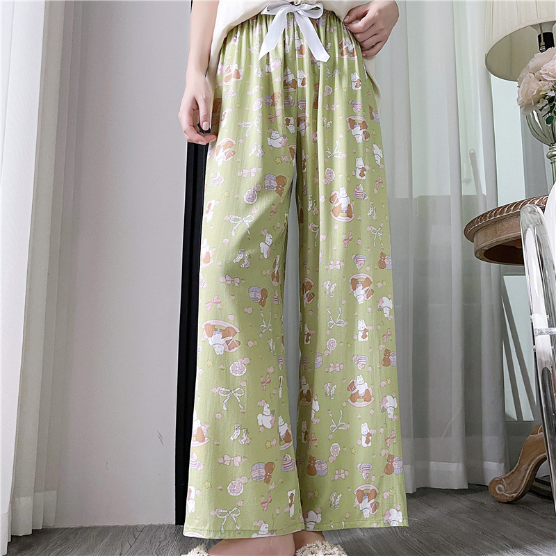 Pantalones de pijama de seda de algodón para mujer Pantalones de pierna ancha casuales impresos de dibujos animados delgados de verano las mujeres embarazadas pueden usar pantalones de comercio exterior pantalones de una sola capa