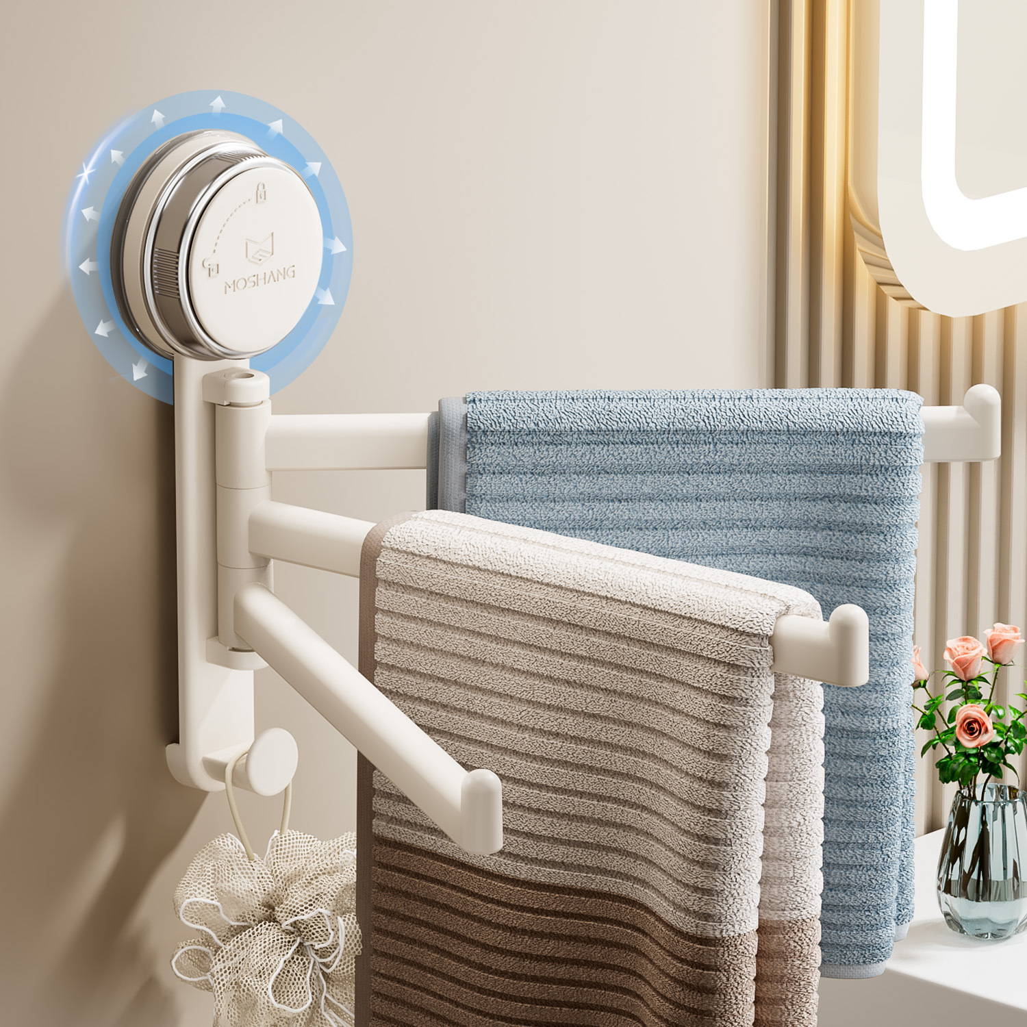 Suction Cup Rotating Towel Rack, No-Drill Multi-Hanger Integrated Bathroom Wall-Mounted Corner Towel Bar Storage Rack