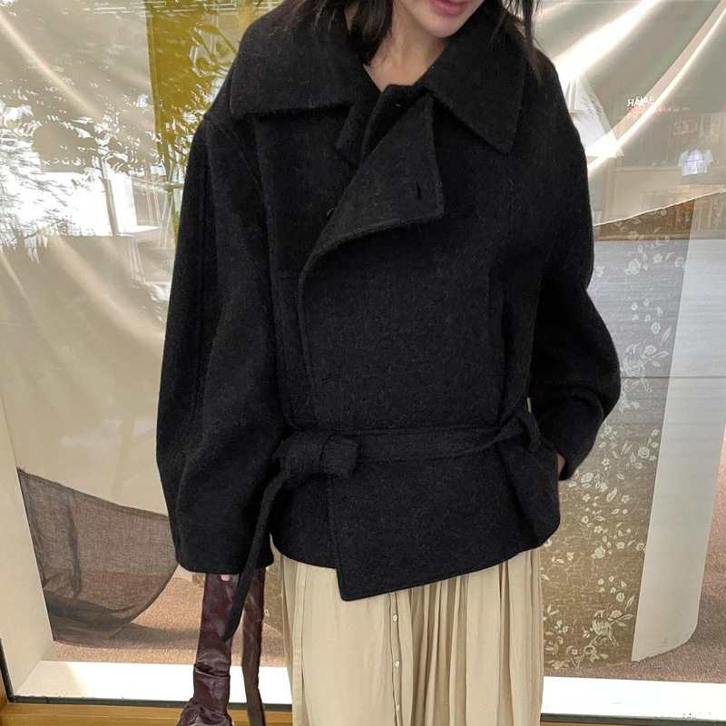 Old Qian Feng Lel Wool Short Wool Coat Lace-up Bathrobe Short Coat camel Waisted Top Big Vintage Old Qian Feng Lel Wool Short Wool Coat Lace-up Bathrobe Short Coat camel Waisted Top Big Vintage