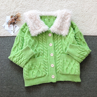 2021 knitting Lapel Korean Edition Hair collar Cardigan temperament commute green Single breasted Easy sweater Long sleeve