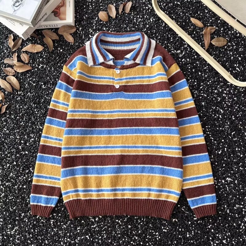 American Retro Polo Shirt Contrasting Stripesd Knitted Sweater Men's Autumn and Winter Trendyy Loose Lazy Thin Wool Top