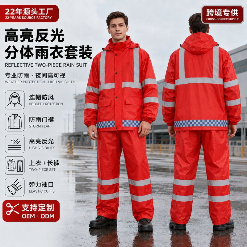 High-visibility reflective two-piece raincoat set, protective rainwear for sanitation workers and construction site personnel, adult rainwear for cross-border trade High-visibility reflective two-piece raincoat set, protective rainwear for sanitation workers and construction site personnel, adult rainwear for cross-border trade