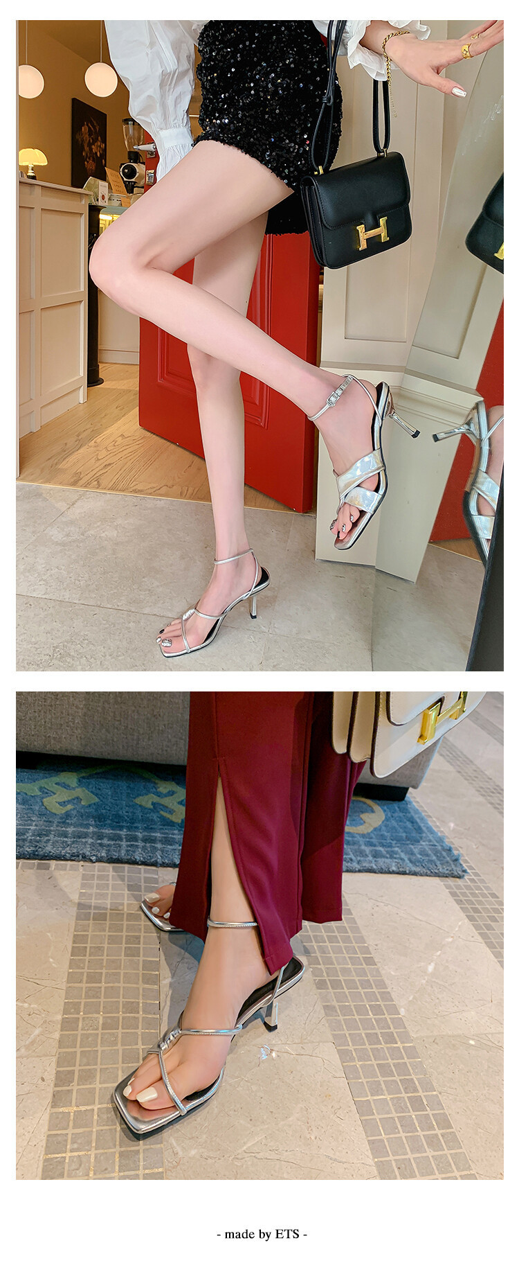 Sandal cao gót nữ hở mũi quai khóa cổ chân gót nhọn 9 cm — Màu vàng, Màu trắng be, Màu bạc chi tiết 26