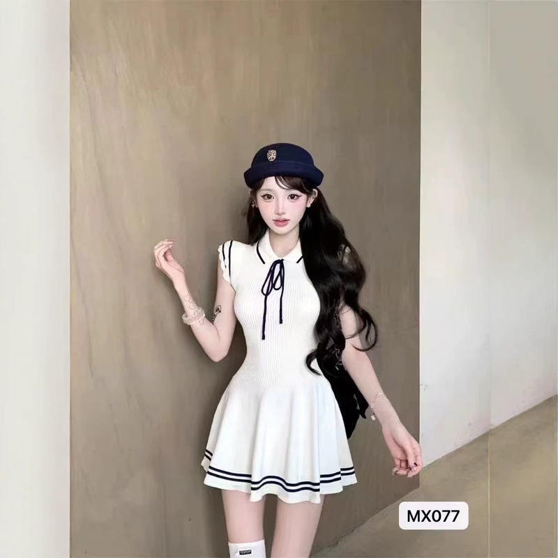 2026 Summer Fashion Outfit: Commuting College Navy Style Soft Knit Tie-Waist Dress with Small Flutter Sleeves for Women 2026 Summer Fashion Outfit: Commuting College Navy Style Soft Knit Tie-Waist Dress with Small Flutter Sleeves for Women