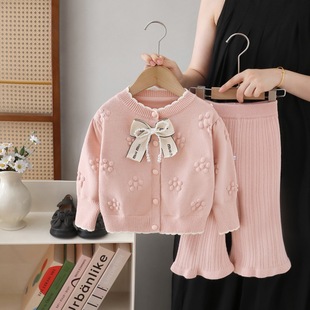 Children's Sweater Jacket Knitted Sweater Pants Suit 2025 Autumn New Little Girl Sweet Two-Piece Set Girls Wool