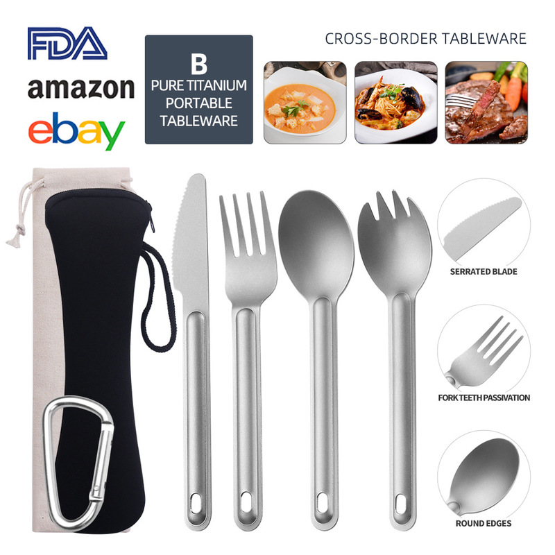 Pure Titanium Knife, Fork, and Spoon Portable Set for Outdoor Camping, Ultra-Light Titanium Carabiner Knife and Fork Storage Bag Cutlery Set Pure Titanium Knife, Fork, and Spoon Portable Set for Outdoor Camping, Ultra-Light Titanium Carabiner Knife and Fork Storage Bag Cutlery Set
