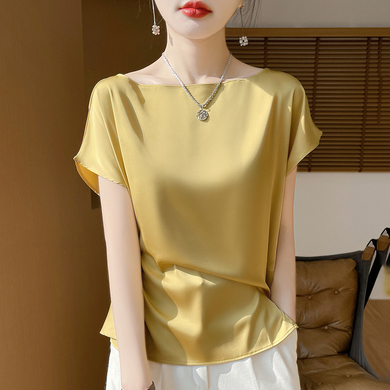 Spring and summer new silky satin one-line collar short sleeve comfortable breathable thin inner women's pullover folding top fashion