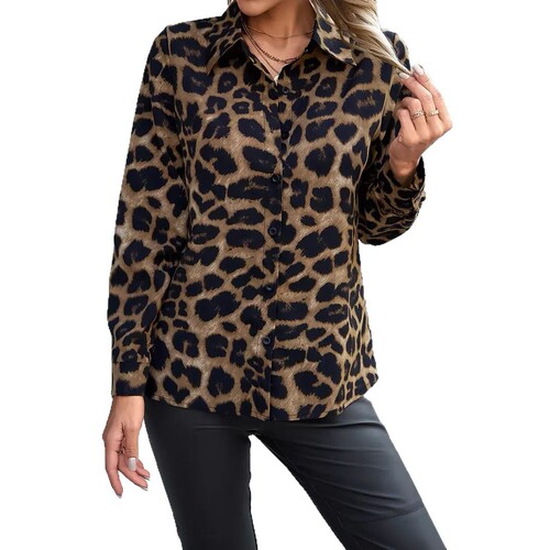 2025 Independent Station Amazon European and American Cross-border Women's Casual Long-sleeved Shirt Leopard Collar Button Shirt