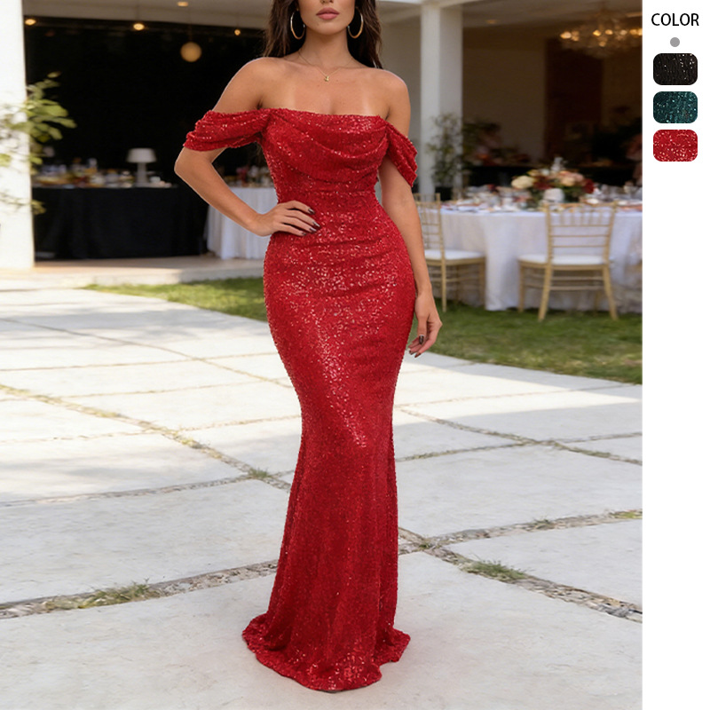 Cross-Border 2026 European and American New Style Party Sequin Off-Shoulder Slit Dress Ins Casual Fashion Dress for Women