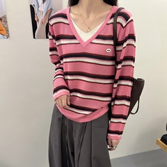 濮院2025秋装羊毛假两件条纹v领韩版宽松高品质上衣外套毛衣女装