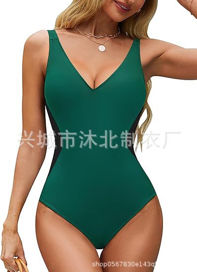Traje de Baño Enterizo para Mujer, Estilo Europeo y Americano, con Tirantes, Ajustado, Reductor de Abdomen, Escote en V Profundo, Bloques de Color, Espalda Cruzada, 2025