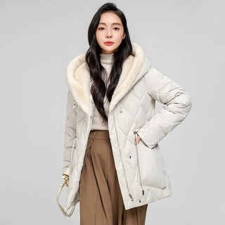 韩系毛绒领连帽羽绒棉服女菱形格收腰中长款棉衣冬季女装保暖外套