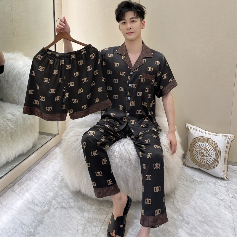 Men's Pajamas 2024 Summer New Style Ice Silk Short-Sleeved Shorts Three-Piece Set Can Be Worn Outside Large Size Home Clothes Wholesale