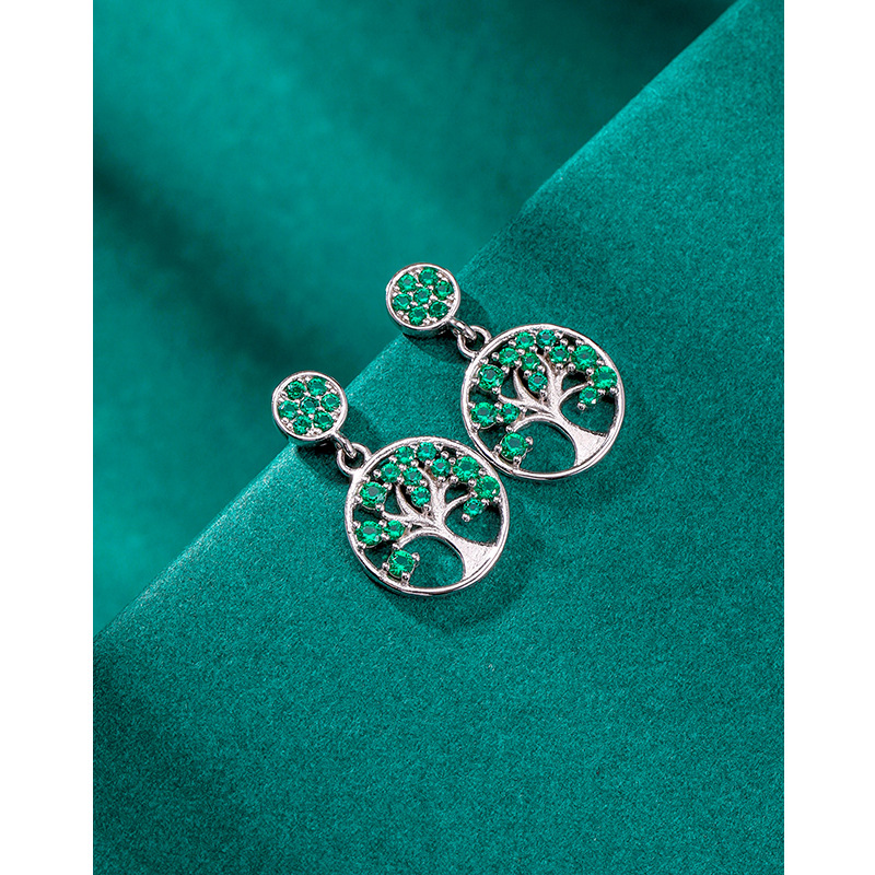 Europa y América transfronteriza Mori vida árbol pendientes S925 plata esterlina con incrustaciones de circón pendientes femeninos nicho diseño pendientes redondos