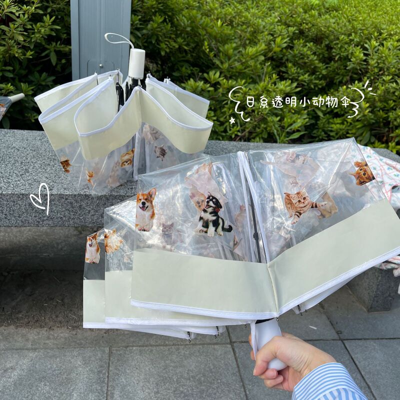 日系猫咪物语透明雨伞小清新文艺范成人学生自动轻量折叠女长柄|undefined