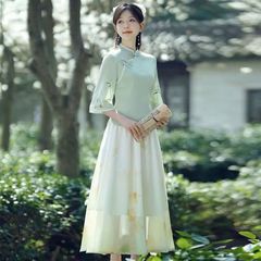 茶艺中式女装新复古国风款服两件套日常汉服年轻禅意改良旗袍上衣