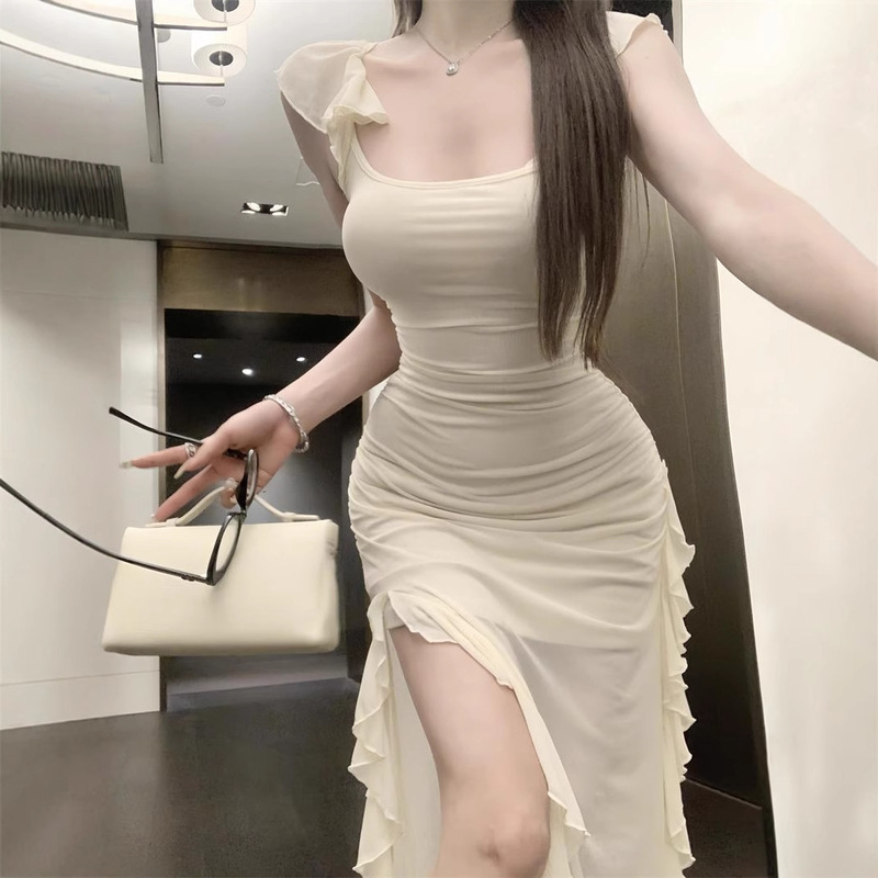 Sweet and Spicy Girl's Pure Lust Style Small Flying Sleeves Slit Suspender Dress Women's Summer Waist Slimming Irregular Mesh Long Skirt