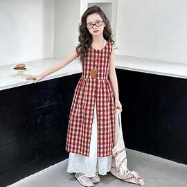 女童韩版气质休闲裙套装宝宝夏季新款洋气格子开叉裙花边裙两件套