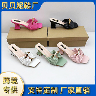 New Style One-Line Metal Buckle Thick Heel Sandals for Women Square Toe Open Toe High Heel Fashion Slippers Foreign Trade 2025 Summer