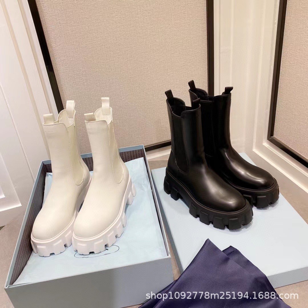 (2개) LIU WEN 동일 스타일 CHELSEA ANKLE BOOTS 여성용 기어 두꺼운 밑창 머핀 가죽 후드 마틴 부츠 미드 배럴 부츠