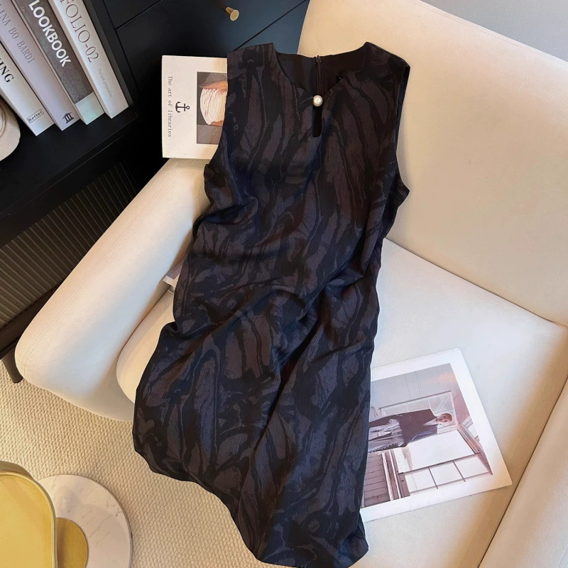 Черное летнее женское платье без рукавов, новый стиль, красивый дизайн, высококачественный жилет с круглым вырезом, элегантная юбка.