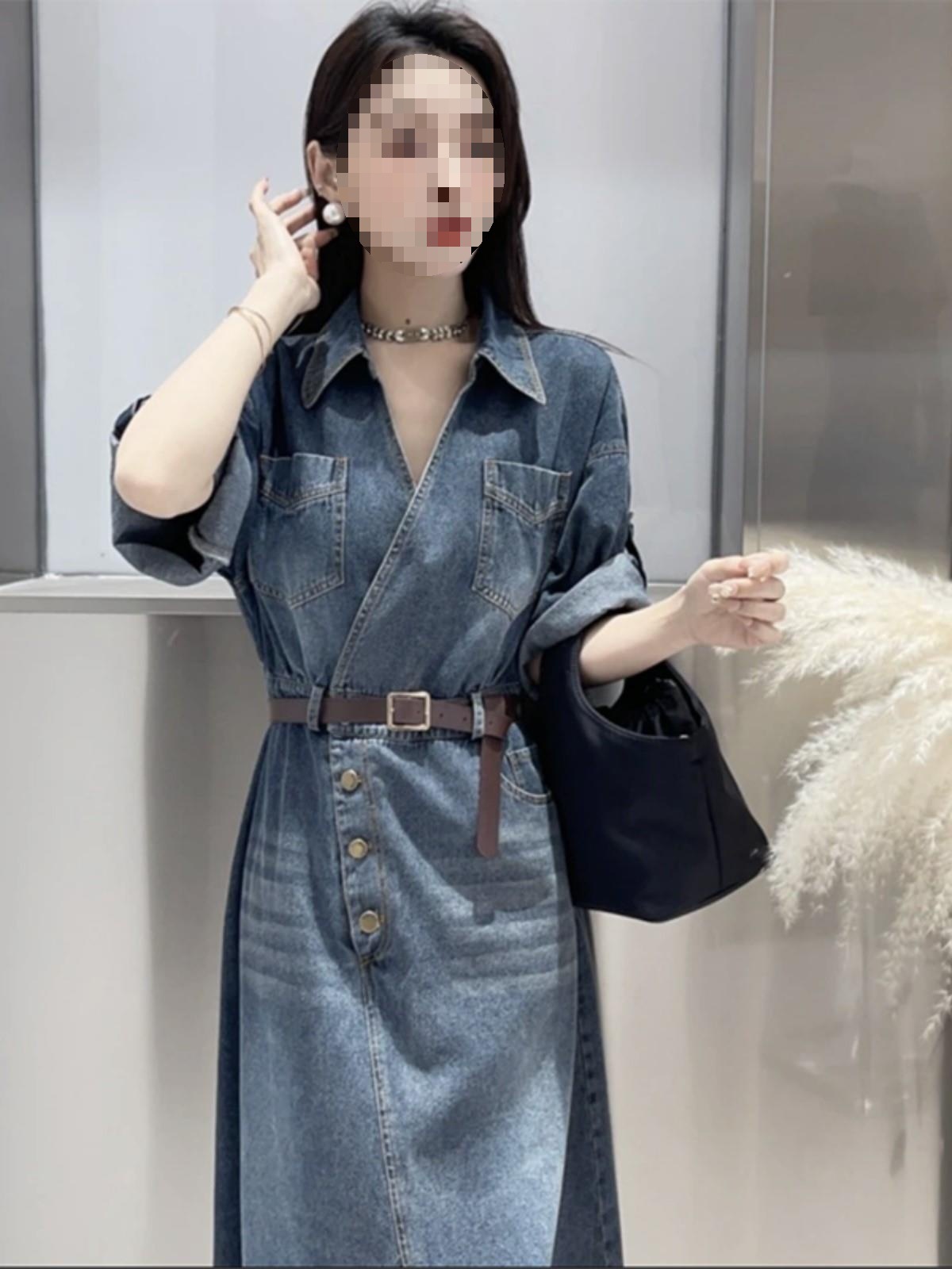 轻奢牛仔连衣裙女2025夏季新款韩版宽松洋气休闲感通勤开叉长裙子