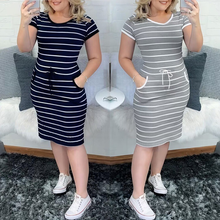2026 Spring/Summer New European and American Style Slim Fit Plus Size Dress with Round Neck, Pockets, and Stripes Casual Women's Clothing 2026 Spring/Summer New European and American Style Slim Fit Plus Size Dress with Round Neck, Pockets, and Stripes Casual Women's Clothing