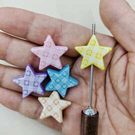 22*24mm彩印格子小花五角星 DIY手工串珠散珠串笔手机链挂件饰品