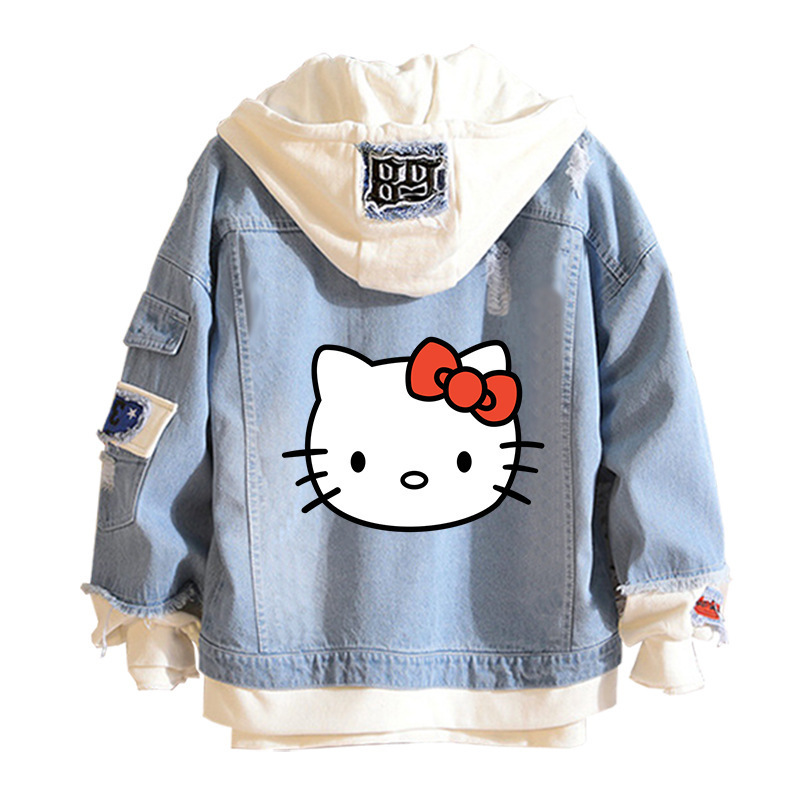 Hello Kitty Joint Denim Coat Trendy Brand Hello Kitty Hooded Sweatshirt Spring and Autumn KT Cat Sweet Top