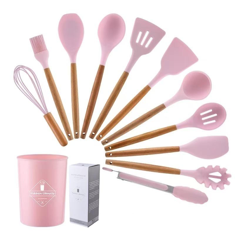 Spot transfronterizo mango de madera silicona herramientas de cocina para el hogar juego de 12 piezas olla antiadherente olla de cocción pala cuchara de sopa juego de utensilios de cocina